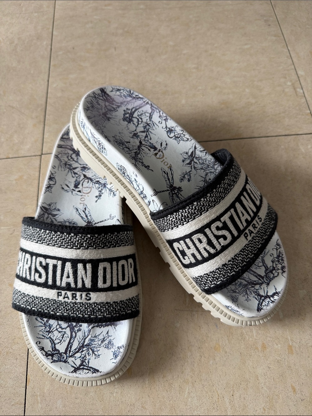 Dior Black and White Christian Dior Toile Slide Sandals